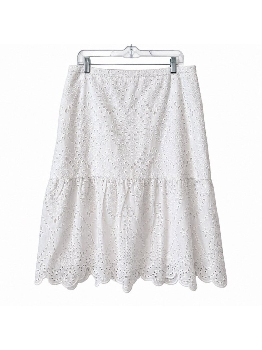 Talbots Womens 12 White Cotton Eyelet Midi Skirt Scalloped Hem Cottagecore